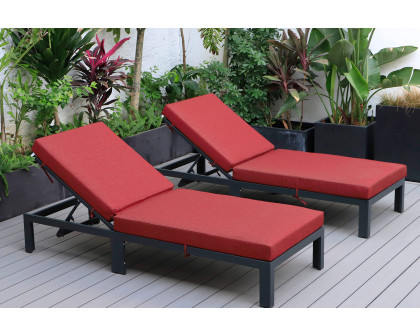 LeisureMod Chelsea Modern Outdoor Black Chaise Lounge Chair with Cushions (Set Of 2) - Red