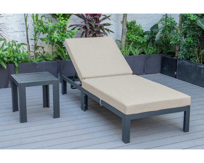 LeisureMod Chelsea Modern Outdoor Black Chaise Lounge Chair with Side Table and Cushions - Beige