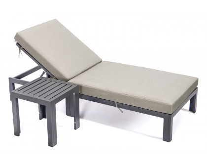 LeisureMod Chelsea Modern Outdoor Black Chaise Lounge Chair with Side Table and Cushions - Beige