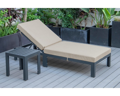 LeisureMod Chelsea Modern Outdoor Black Chaise Lounge Chair with Side Table and Cushions - Beige