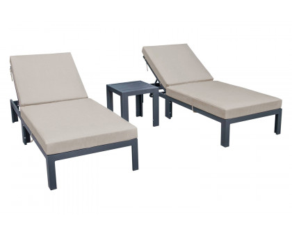 LeisureMod Chelsea Modern Outdoor Black Chaise Lounge with Side Table and Cushions (Set Of 2) - Beige