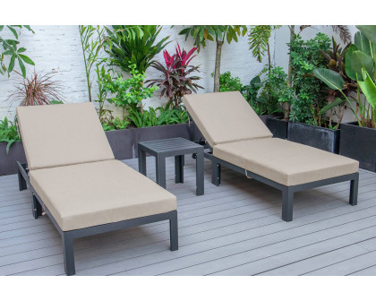 LeisureMod Chelsea Modern Outdoor Black Chaise Lounge with Side Table and Cushions (Set Of 2) - Beige