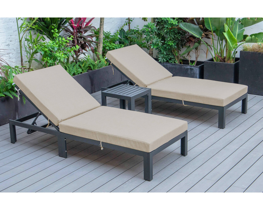 LeisureMod Chelsea Modern Outdoor Black Chaise Lounge with Side Table and Cushions (Set Of 2) - Beige