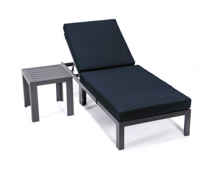 LeisureMod Chelsea Modern Outdoor Weathered Gray Chaise Lounge Chair with Side Table and Cushions