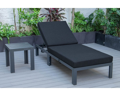 LeisureMod Chelsea Modern Outdoor Black Chaise Lounge Chair with Side Table and Cushions - Black