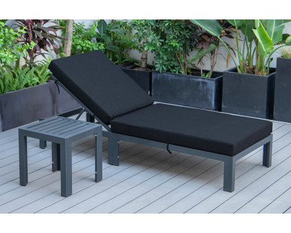 LeisureMod Chelsea Modern Outdoor Black Chaise Lounge Chair with Side Table and Cushions - Black