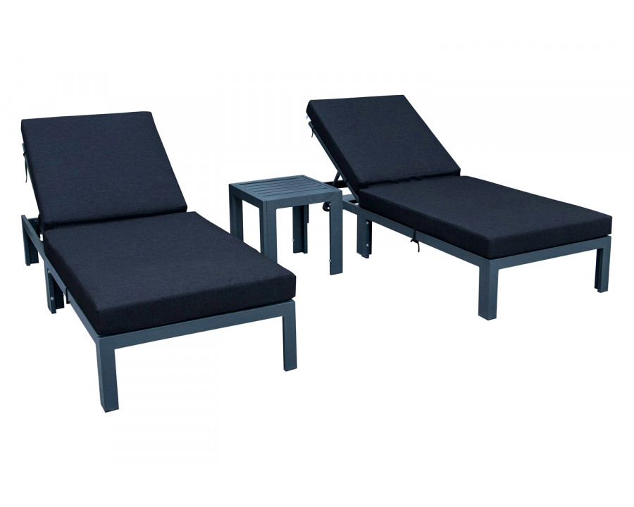 LeisureMod Chelsea Modern Outdoor Black Chaise Lounge with Side Table and Cushions (Set Of 2) - Black