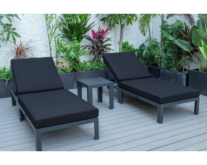 LeisureMod Chelsea Modern Outdoor Black Chaise Lounge with Side Table and Cushions (Set Of 2) - Black