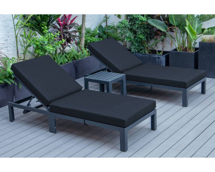 LeisureMod Chelsea Modern Outdoor Black Chaise Lounge with Side Table and Cushions (Set Of 2) - Black