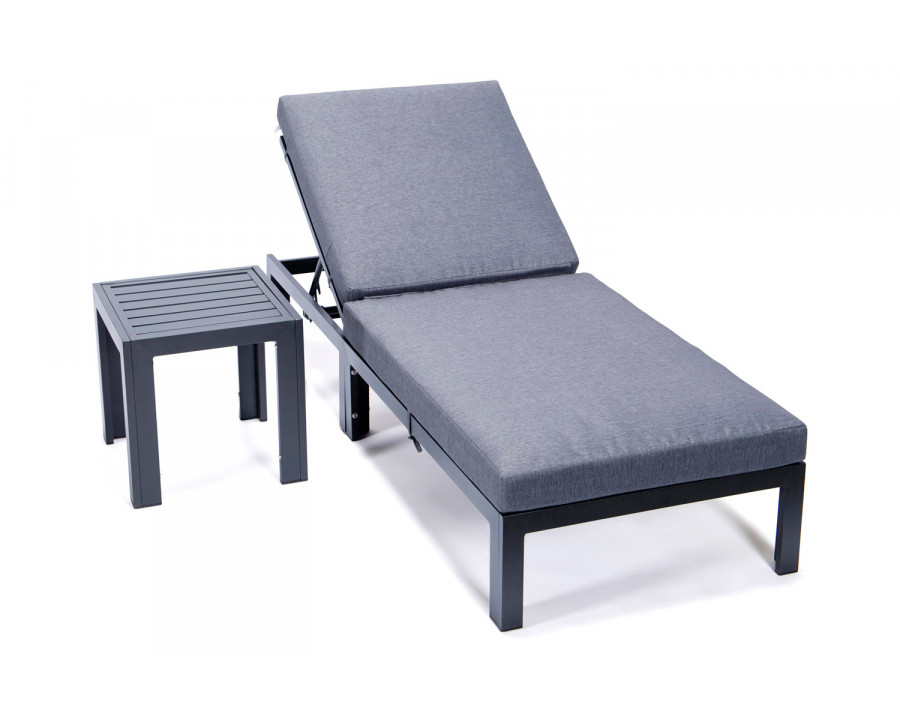 LeisureMod Chelsea Modern Outdoor Black Chaise Lounge Chair with Side Table and Cushions - Blue