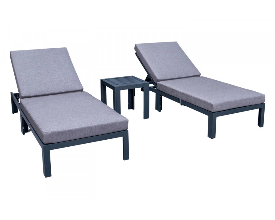 LeisureMod Chelsea Modern Outdoor Black Chaise Lounge with Side Table and Cushions (Set Of 2) - Blue