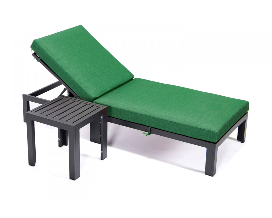 LeisureMod Chelsea Modern Outdoor Black Chaise Lounge Chair with Side Table and Cushions - Green