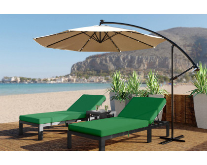 LeisureMod Chelsea Modern Outdoor Black Chaise Lounge Chair with Side Table and Cushions - Green