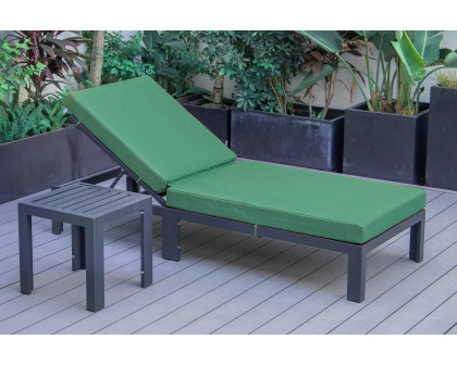 LeisureMod Chelsea Modern Outdoor Black Chaise Lounge Chair with Side Table and Cushions - Green