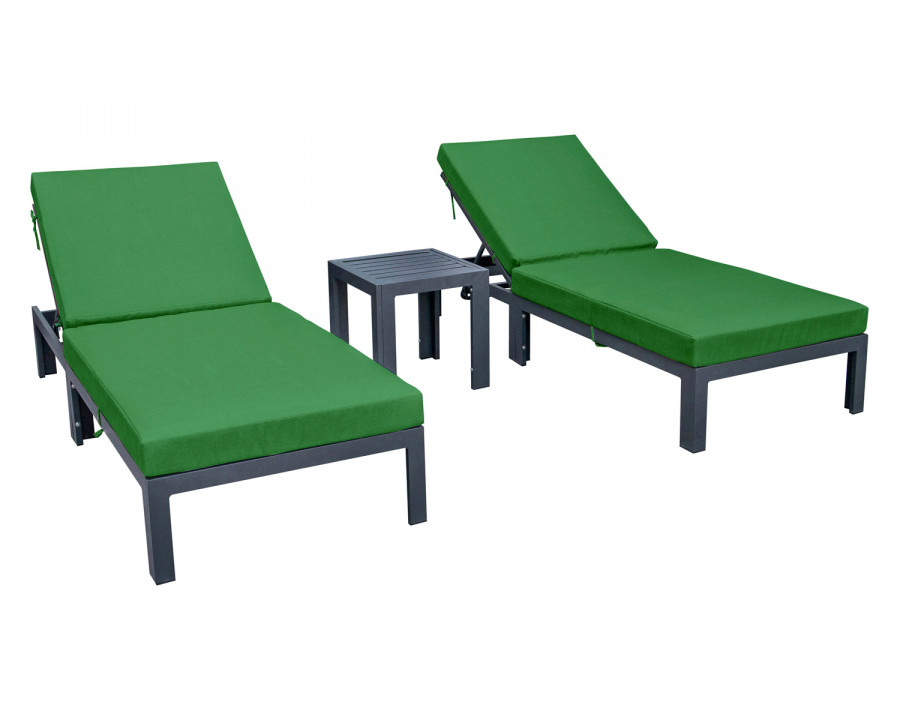 LeisureMod Chelsea Modern Outdoor Black Chaise Lounge with Side Table and Cushions (Set Of 2) - Green