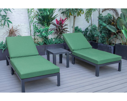 LeisureMod Chelsea Modern Outdoor Black Chaise Lounge with Side Table and Cushions (Set Of 2) - Green