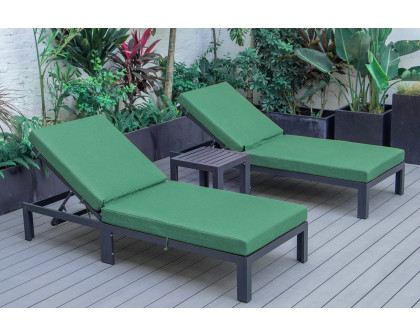 LeisureMod Chelsea Modern Outdoor Black Chaise Lounge with Side Table and Cushions (Set Of 2) - Green