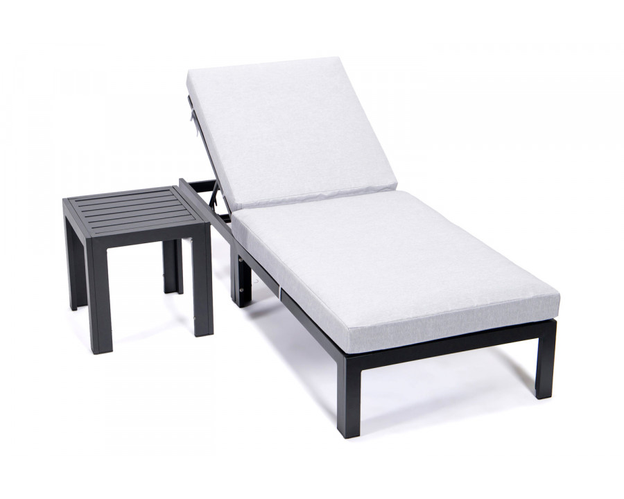 LeisureMod Chelsea Modern Outdoor Black Chaise Lounge Chair with Side Table and Cushions - Light Gray