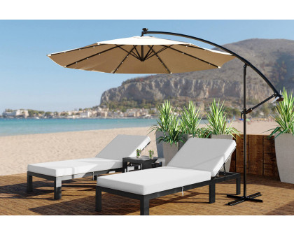 LeisureMod Chelsea Modern Outdoor Black Chaise Lounge Chair with Side Table and Cushions - Light Gray