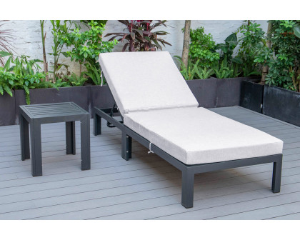 LeisureMod Chelsea Modern Outdoor Black Chaise Lounge Chair with Side Table and Cushions - Light Gray