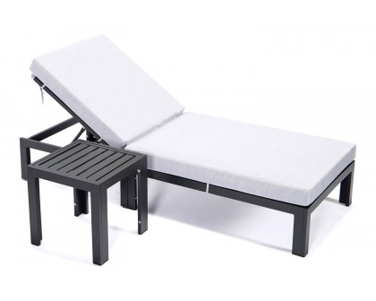 LeisureMod Chelsea Modern Outdoor Black Chaise Lounge Chair with Side Table and Cushions - Light Gray