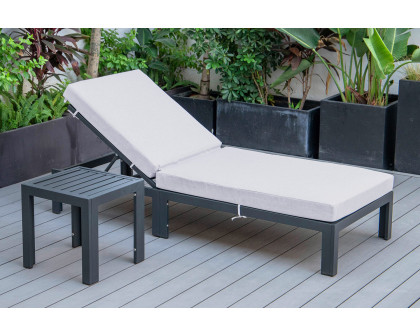 LeisureMod Chelsea Modern Outdoor Black Chaise Lounge Chair with Side Table and Cushions - Light Gray