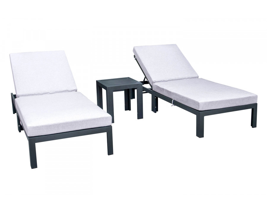 LeisureMod Chelsea Modern Outdoor Black Chaise Lounge with Side Table and Cushions (Set Of 2) - Light Gray