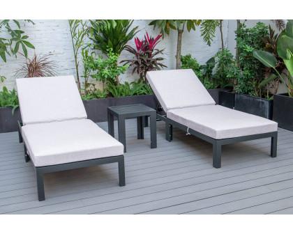 LeisureMod Chelsea Modern Outdoor Black Chaise Lounge with Side Table and Cushions (Set Of 2) - Light Gray