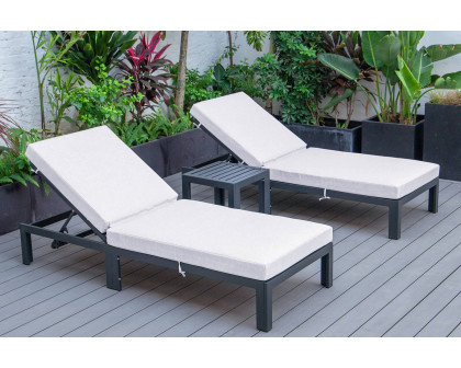 LeisureMod Chelsea Modern Outdoor Black Chaise Lounge with Side Table and Cushions (Set Of 2) - Light Gray