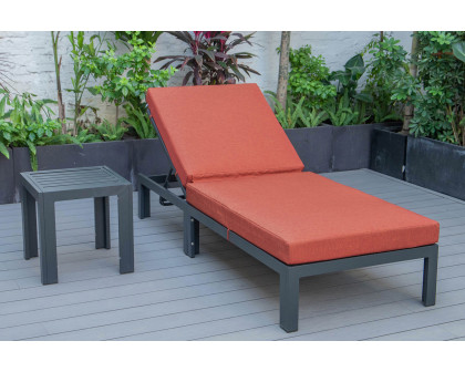 LeisureMod Chelsea Modern Outdoor Black Chaise Lounge Chair with Side Table and Cushions - Orange