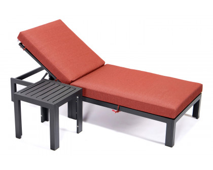 LeisureMod Chelsea Modern Outdoor Black Chaise Lounge Chair with Side Table and Cushions - Orange