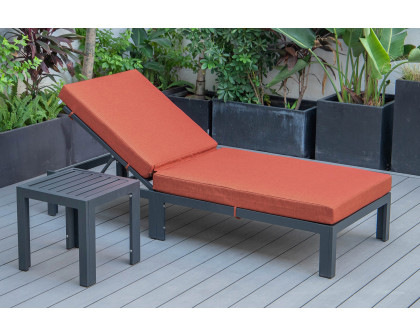 LeisureMod Chelsea Modern Outdoor Black Chaise Lounge Chair with Side Table and Cushions - Orange