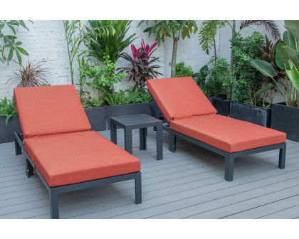 LeisureMod Chelsea Modern Outdoor Black Chaise Lounge with Side Table and Cushions (Set Of 2) - Orange