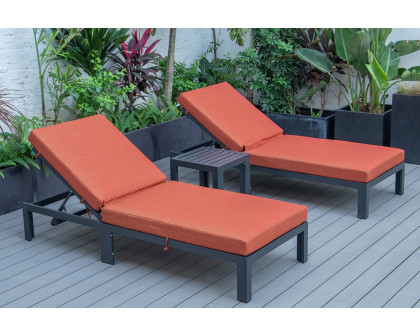 LeisureMod Chelsea Modern Outdoor Black Chaise Lounge with Side Table and Cushions (Set Of 2) - Orange