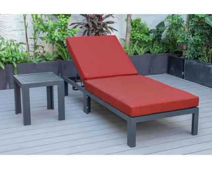 LeisureMod Chelsea Modern Outdoor Black Chaise Lounge Chair with Side Table and Cushions - Red