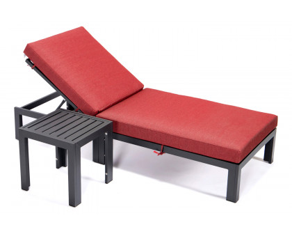 LeisureMod Chelsea Modern Outdoor Black Chaise Lounge Chair with Side Table and Cushions - Red