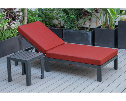 LeisureMod Chelsea Modern Outdoor Black Chaise Lounge Chair with Side Table and Cushions - Red