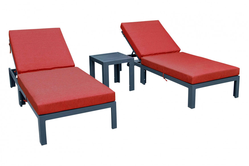 LeisureMod™ Chelsea Modern Outdoor Black Chaise Lounge with Side Table and Cushions (Set Of 2) - Red