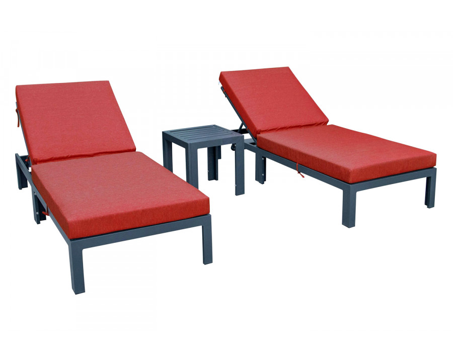 LeisureMod Chelsea Modern Outdoor Black Chaise Lounge with Side Table and Cushions (Set Of 2) - Red