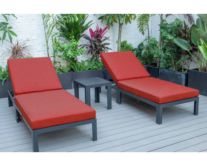 LeisureMod™ Chelsea Modern Outdoor Black Chaise Lounge with Side Table and Cushions (Set Of 2) - Red