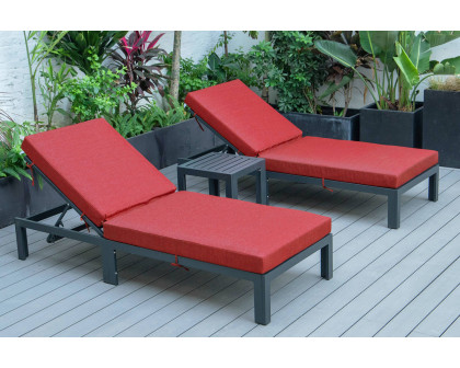 LeisureMod™ Chelsea Modern Outdoor Black Chaise Lounge with Side Table and Cushions (Set Of 2) - Red