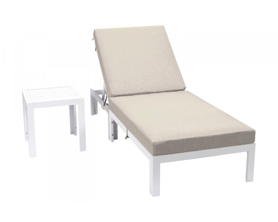 LeisureMod Chelsea Modern Outdoor White Chaise Lounge Chair with Side Table and Cushions - Beige