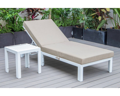 LeisureMod Chelsea Modern Outdoor White Chaise Lounge Chair with Side Table and Cushions - Beige