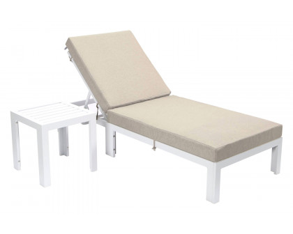 LeisureMod Chelsea Modern Outdoor White Chaise Lounge Chair with Side Table and Cushions - Beige