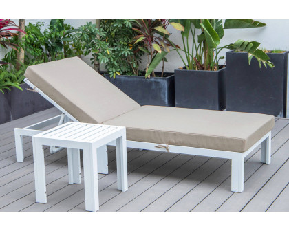 LeisureMod Chelsea Modern Outdoor White Chaise Lounge Chair with Side Table and Cushions - Beige