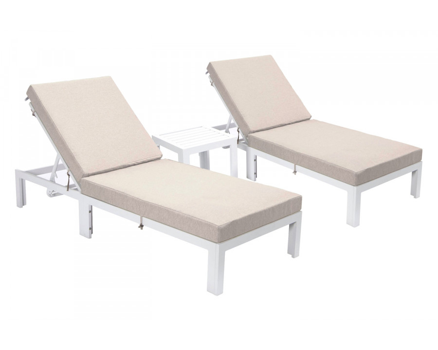 LeisureMod Chelsea Modern Outdoor White Chaise Lounge with Side Table and Cushions (Set Of 2) - Beige