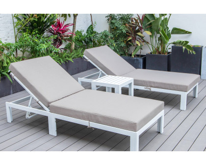 LeisureMod Chelsea Modern Outdoor White Chaise Lounge with Side Table and Cushions (Set Of 2) - Beige