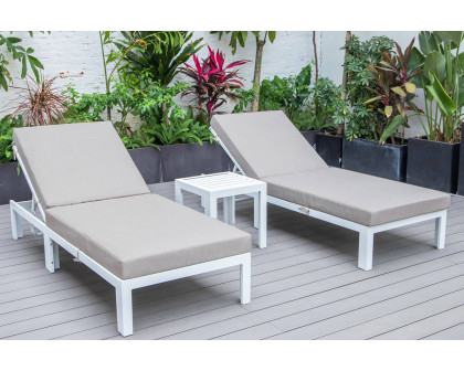 LeisureMod Chelsea Modern Outdoor White Chaise Lounge with Side Table and Cushions (Set Of 2) - Beige