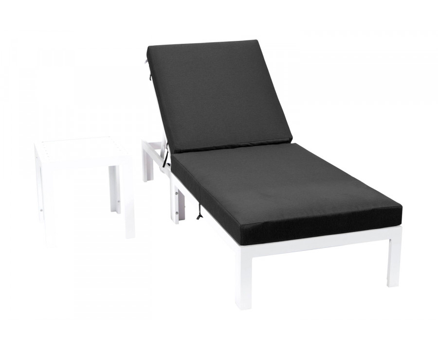 LeisureMod Chelsea Modern Outdoor White Chaise Lounge Chair with Side Table and Cushions - Black