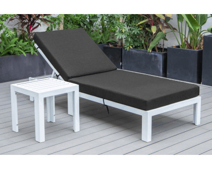 LeisureMod Chelsea Modern Outdoor White Chaise Lounge Chair with Side Table and Cushions - Black